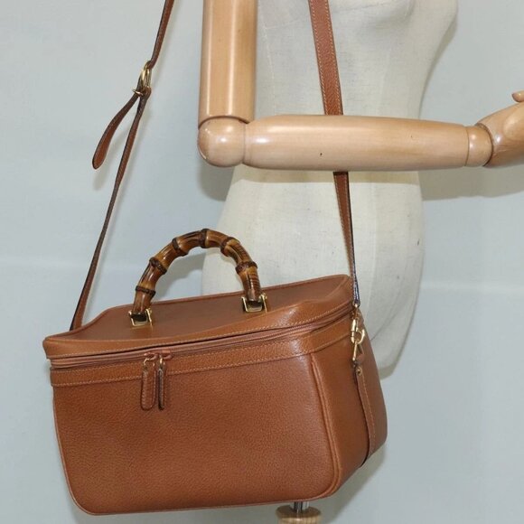 GUCCI Vanity Bamboo Shoulder Bag Leather 2way Brown Gold Auth - Picture 1 of 16